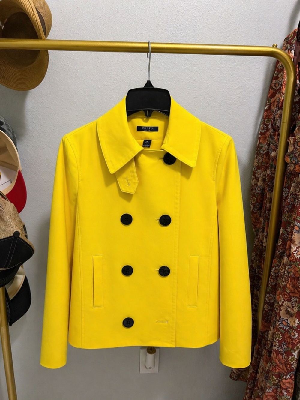 Chaps Yellow Double-Breasted Trench Coat with Black Buttons